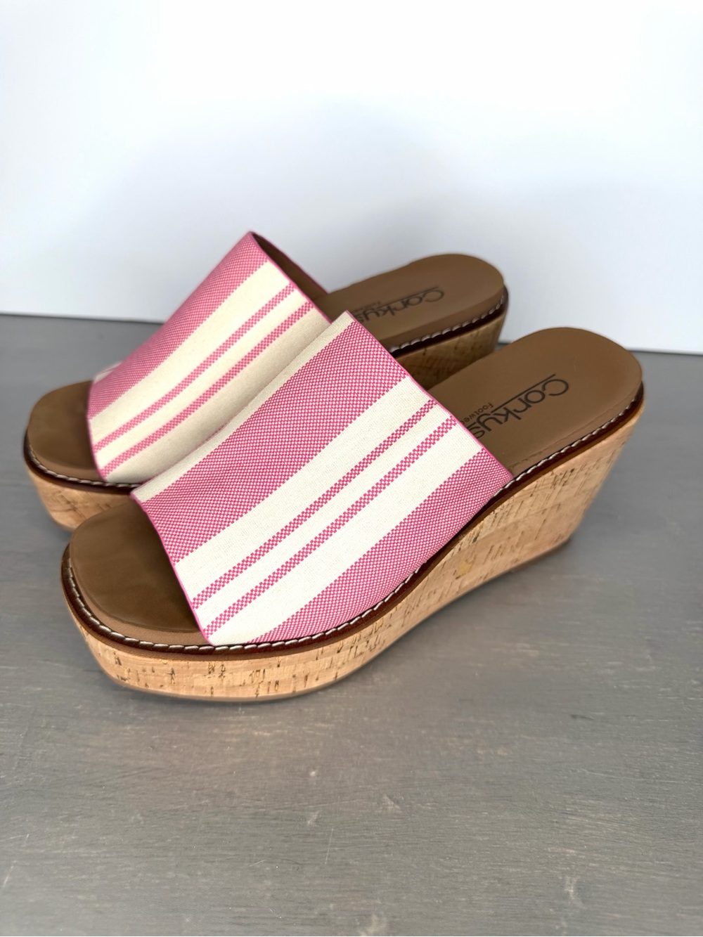 Corkys Pink and Cream Striped Cork Wedge Slides